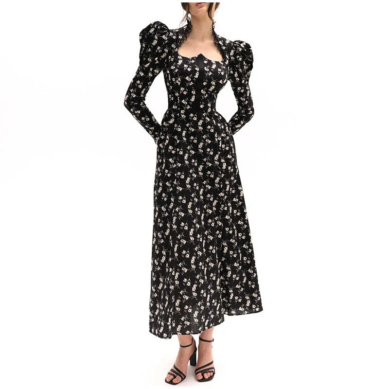 Square Collar Puff Sleeve Women Dress Patchwork Slim Pleated Lady Maxi Dresses 2026 Elegant Spring Vintage Female Vestidos