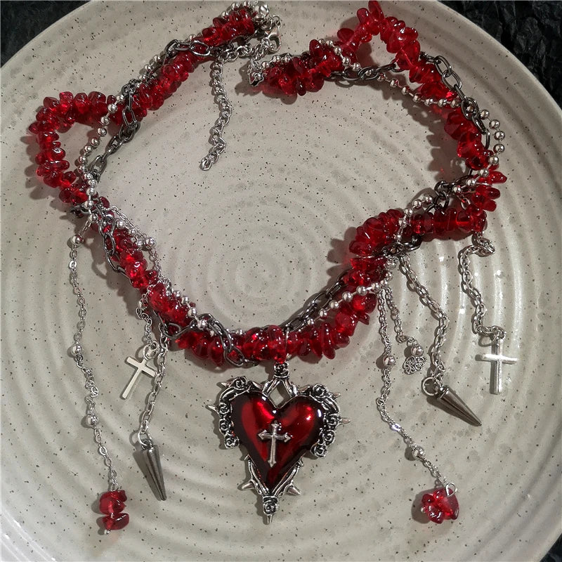 Goth Vintage Y2K Dark Red Heart Cross Pendant Irregular Stone Bead Choker Necklace Women Punk Halloween Grunge EMO Accessories
