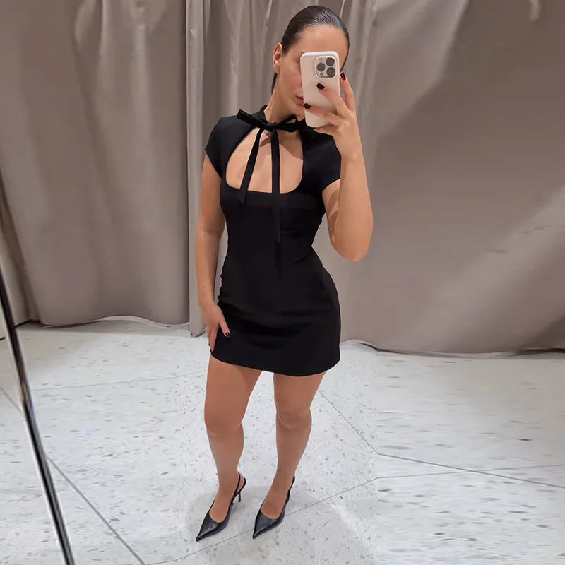 Sexy Women's Dress Halter Lace Up Short Sleeve Polka Print Female Dresses 2026 Early Spring New Fashion Chic Party Lady Robes