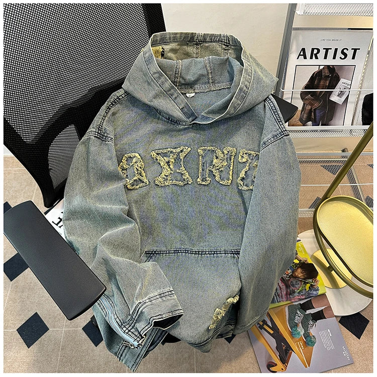 Men's Autumn New Hoodies&Sweatshirts Letter Patchwork Denim Pullover Tops American Fashion Streetwear Ripped Hooded Jackets