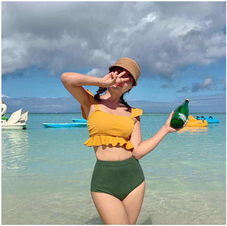 High Waist Women's Bikini Set Padded Ruffle Biquini Suit Two Pieces Swimwear Swimsuit High Quality Beach Suit 2023