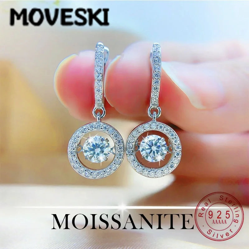 MOVESKI 925 Sterling Silver Dancing Moissanite Drop Earrings | 0.5CT 1CT Round Cut Halo Dangle Earrings for Women Bridal Jewelry