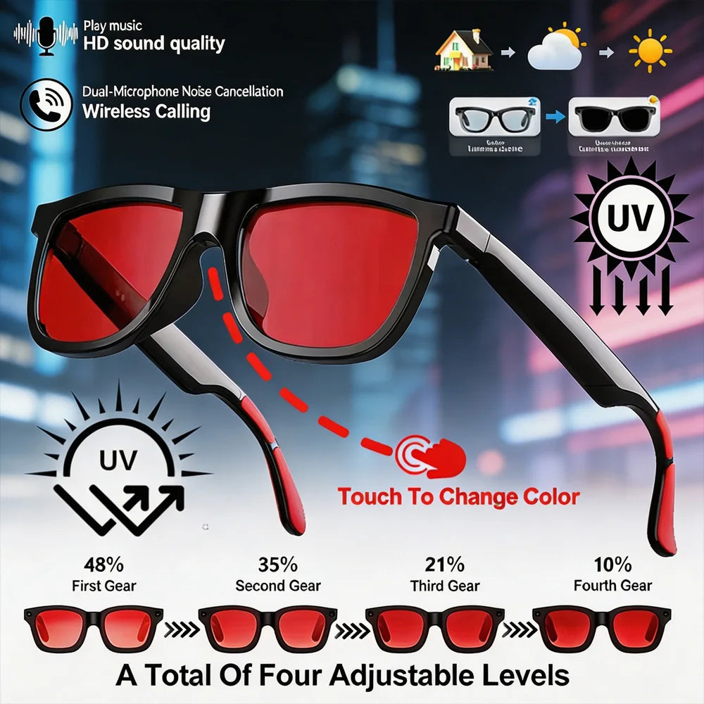 New Smart Audio Glasses Touch Control Color Changing Lens Dual Microphone Noise Reduction Super Clear Sound Bluetooth Sunglasses