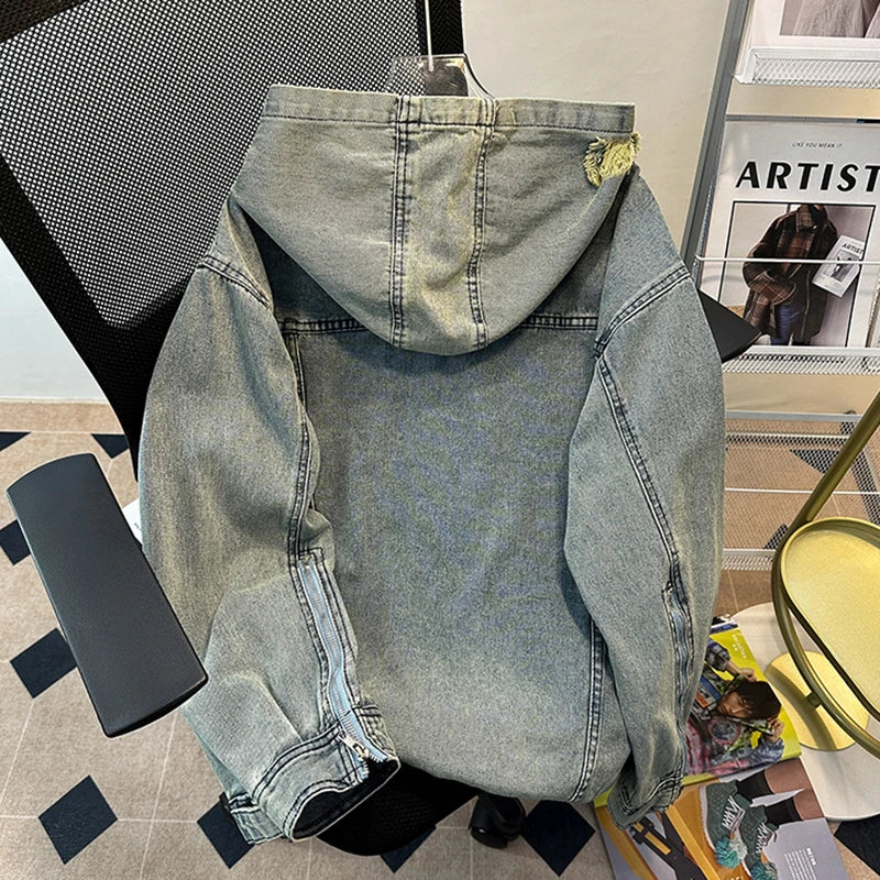 Men's Autumn New Hoodies&Sweatshirts Letter Patchwork Denim Pullover Tops American Fashion Streetwear Ripped Hooded Jackets