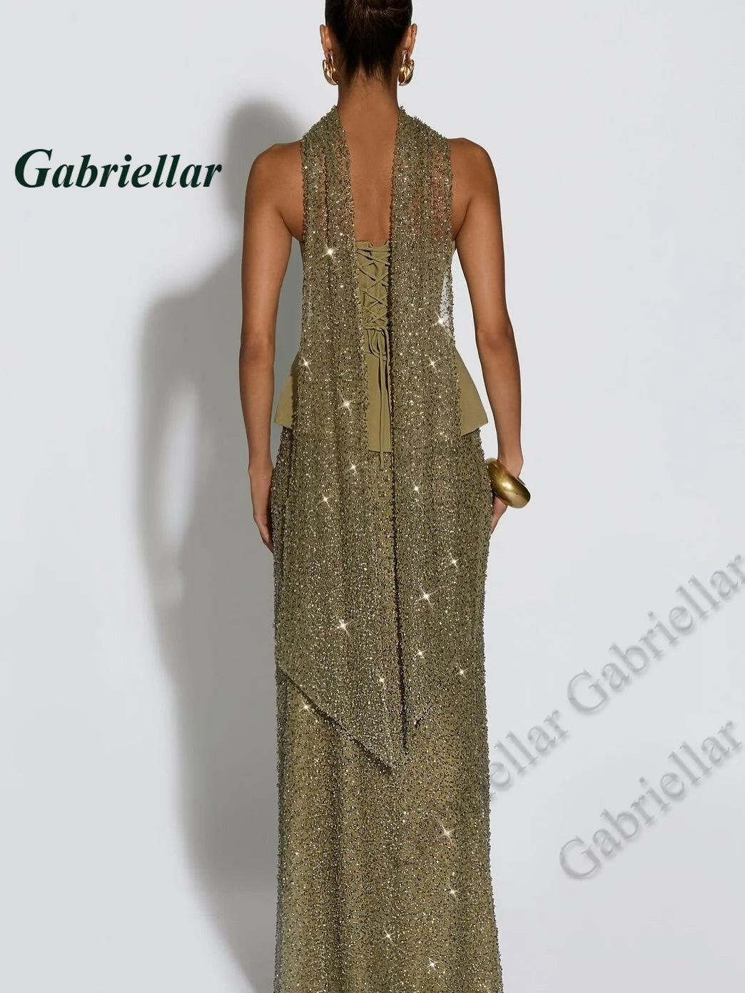 Gabriellar Fancy Bling Tulle Prom Dresses for Women Sequins and Beads Sleecveless Lacing up Special Occasion Gown Customized