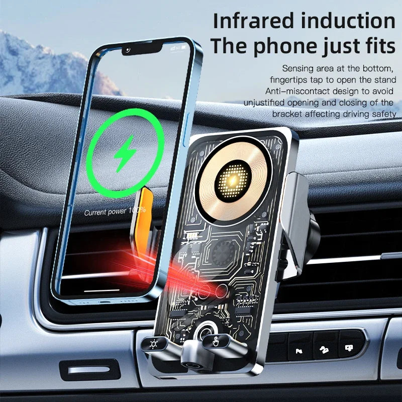 Car-mounted smartphone holder - Automatically detects air outlet. Supports 15W/66W wireless fast charging. Rotatable