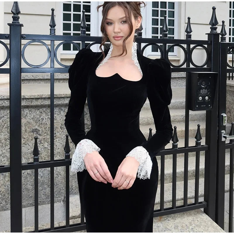 Square Collar Puff Sleeve Women Dress Patchwork Slim Pleated Lady Maxi Dresses 2026 Elegant Spring Vintage Female Vestidos