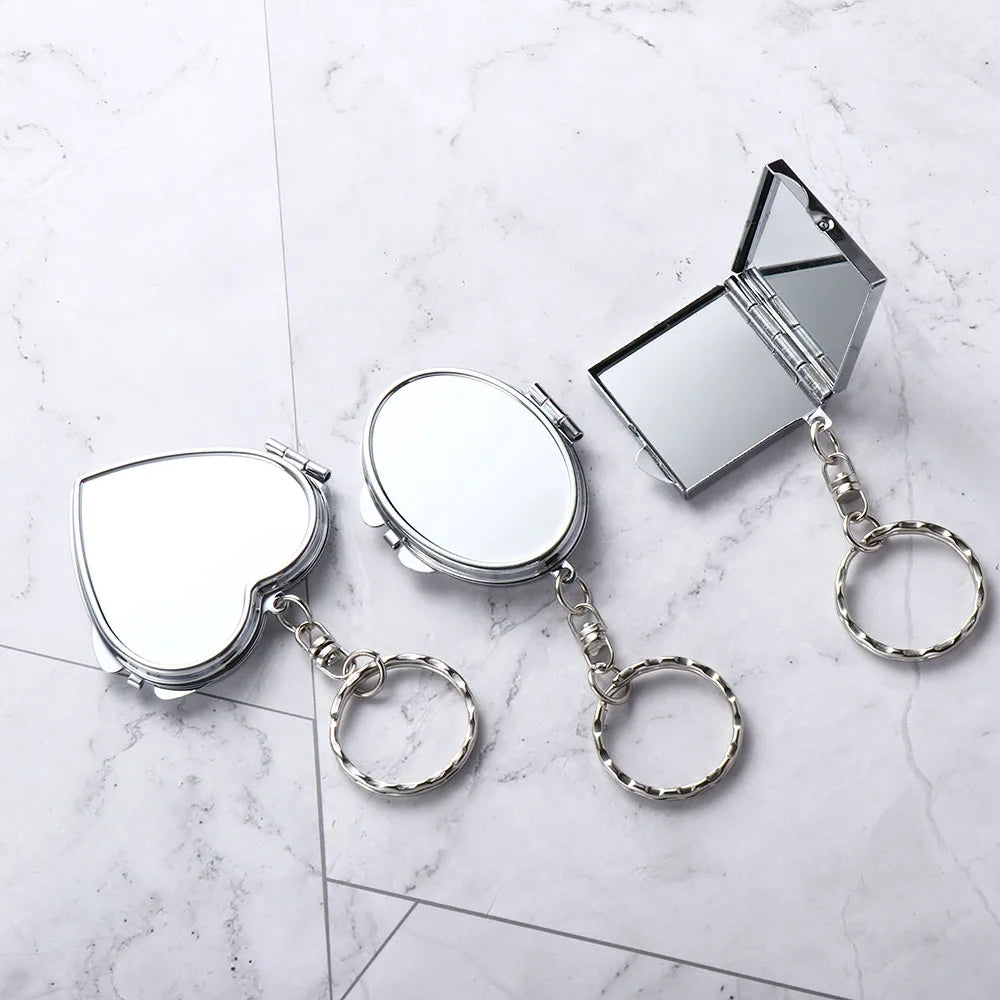 Portable Mini Folding Mirror Key Chain Round Heart Oval Sqaure Shape Pocket Compact Makeup Cosmetic Mirror With Key Ring