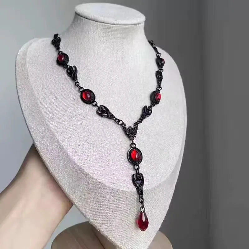 Goth Vintage Y2K Dark Red Heart Cross Pendant Irregular Stone Bead Choker Necklace Women Punk Halloween Grunge EMO Accessories