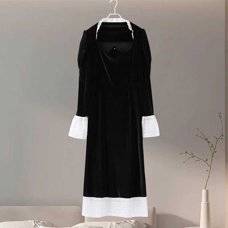 Square Collar Puff Sleeve Women Dress Patchwork Slim Pleated Lady Maxi Dresses 2026 Elegant Spring Vintage Female Vestidos