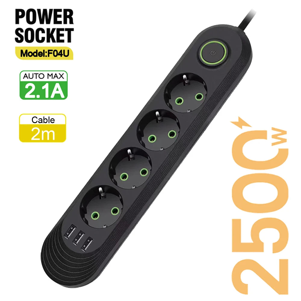 EU Plug AC Outlet Multiprise Power Strip 2m Extension Cord Electrical Socket Network Filter With USB Ports 2.1A Fast Charging