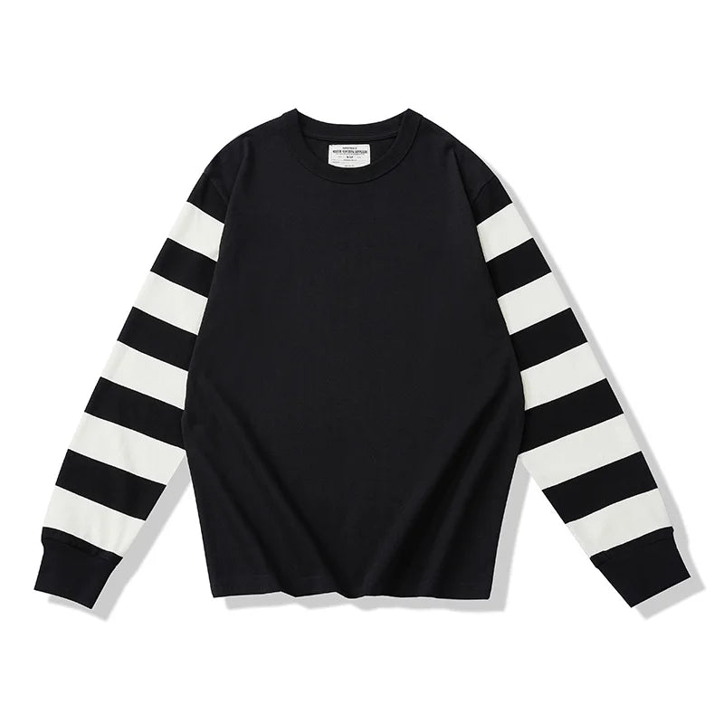 280G Heavyweight Dual Yarn Cotton Spring Fall Fashion Zebra Stripe T-shirt Men's Long Sleeve Casual Loose Tee Premium Basic Tops