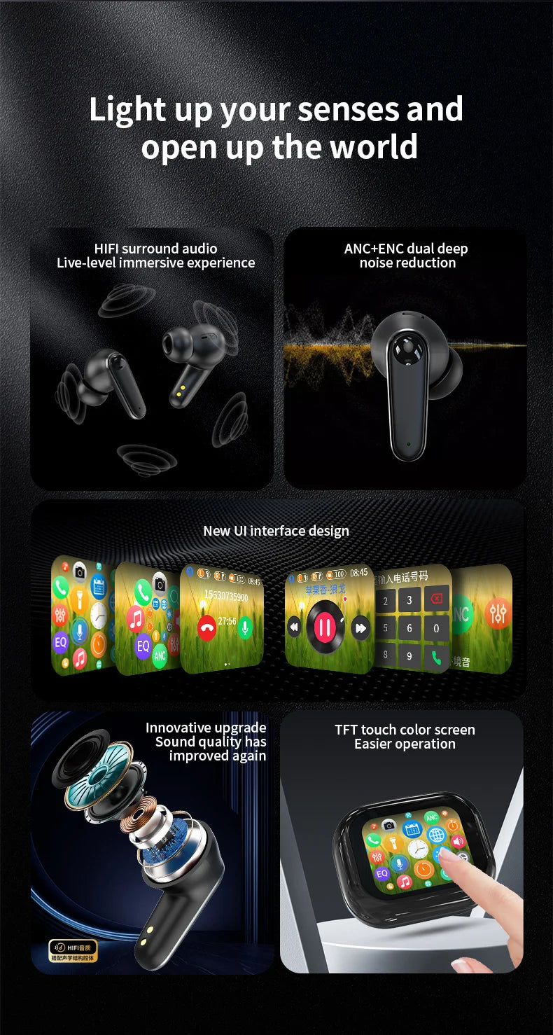 Smart Touch Screen Headphones 144 Languages Real Time Translation Bluetooth Earphone 6 Mic ANC ENC Cancelling Wireless Earbuds