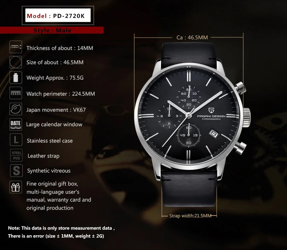 2025 New PAGANI DESIGN Business Men's Quartz Watch 46mm Brand Stainless Steel Waterproof Automatic Chronometer Relogo Masculino