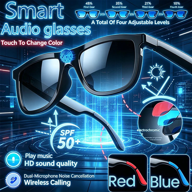 High Appearance Audio Glasses Electrochromic Lenses Answer Calls Play Music Magnetic Charging Touch To Change Color Smartglasses