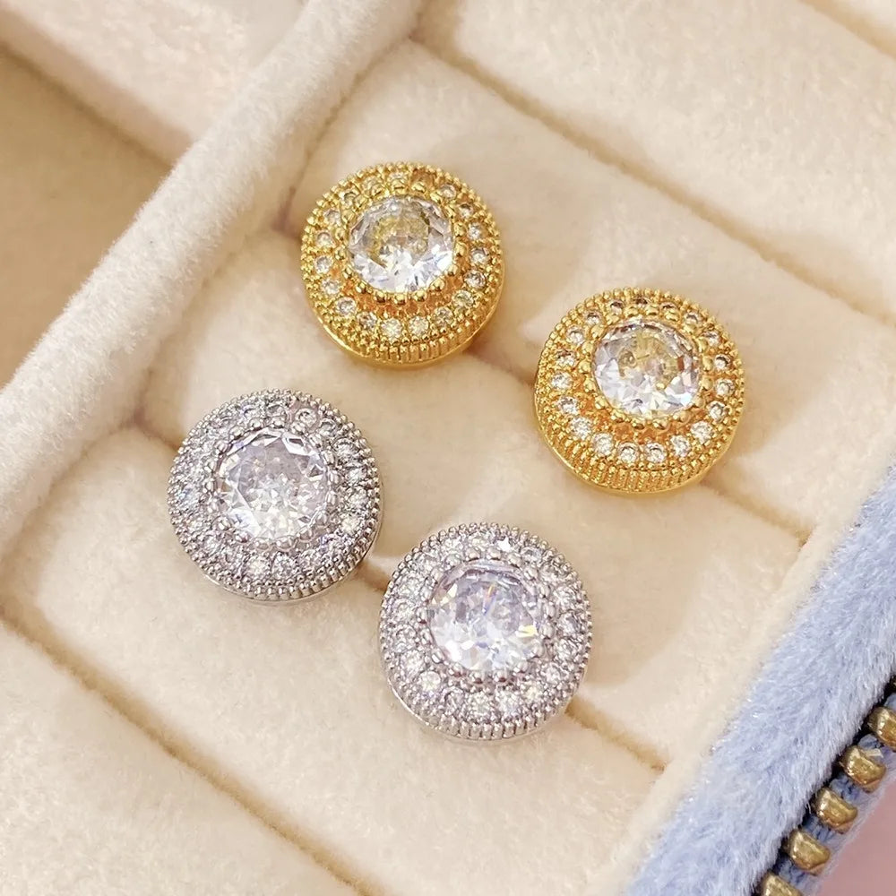 Luxury Creative Geometry Round Shining Brightly Full of Zircon Stainless Steel Stud Earrings for Women Men Hip-hop Trend Jewelry
