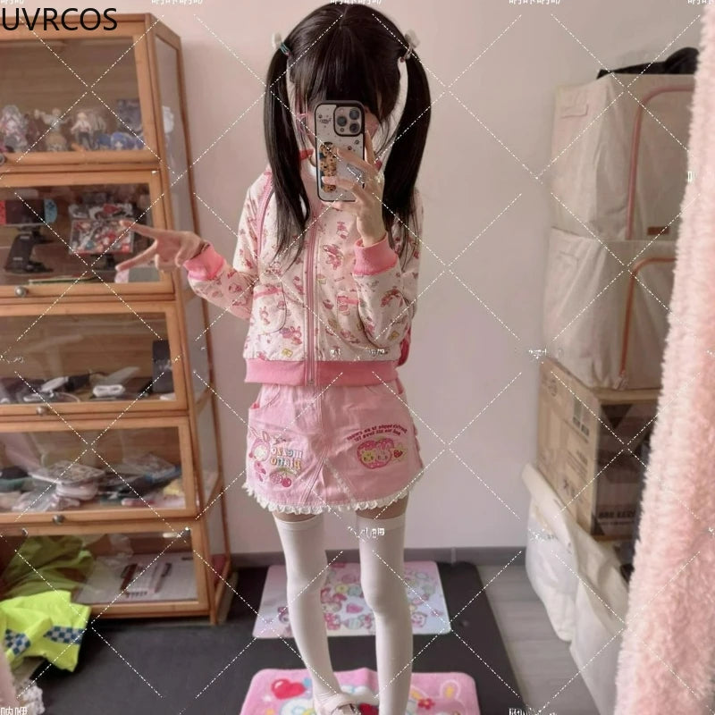 Japanese Kawaii Anime Lolita Hoodies Women Vintage Sweet Cartoon Print Casual Hooded Coat Y2k Aesthetics Para Mujer Sweatshirts