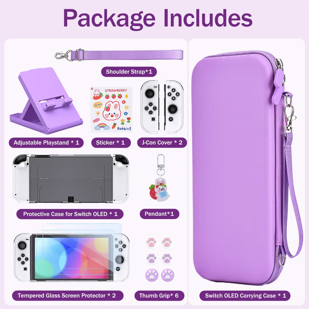 15 in 1 Switch OLED Storage Kit Switch Case and Thumb Caps Portable Waterproof Travel Bag for Switch Console & J-Con (Purple)