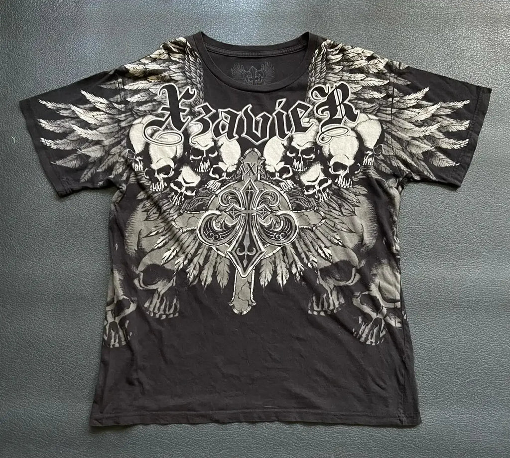 Gothic Vintage Distressed T-Shirt Two-in-One Skeleton Print Layered Top Y2K Retro Streetwear Loose Fit Harajuku Fashion Tee