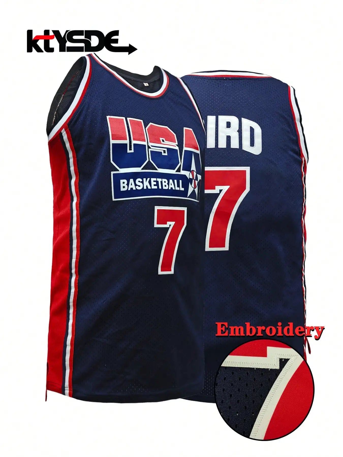 Men's Navy Blue Sleeveless Basketball-Style Jersey, Embroidered Number 7, Loose Fit Crew Neck