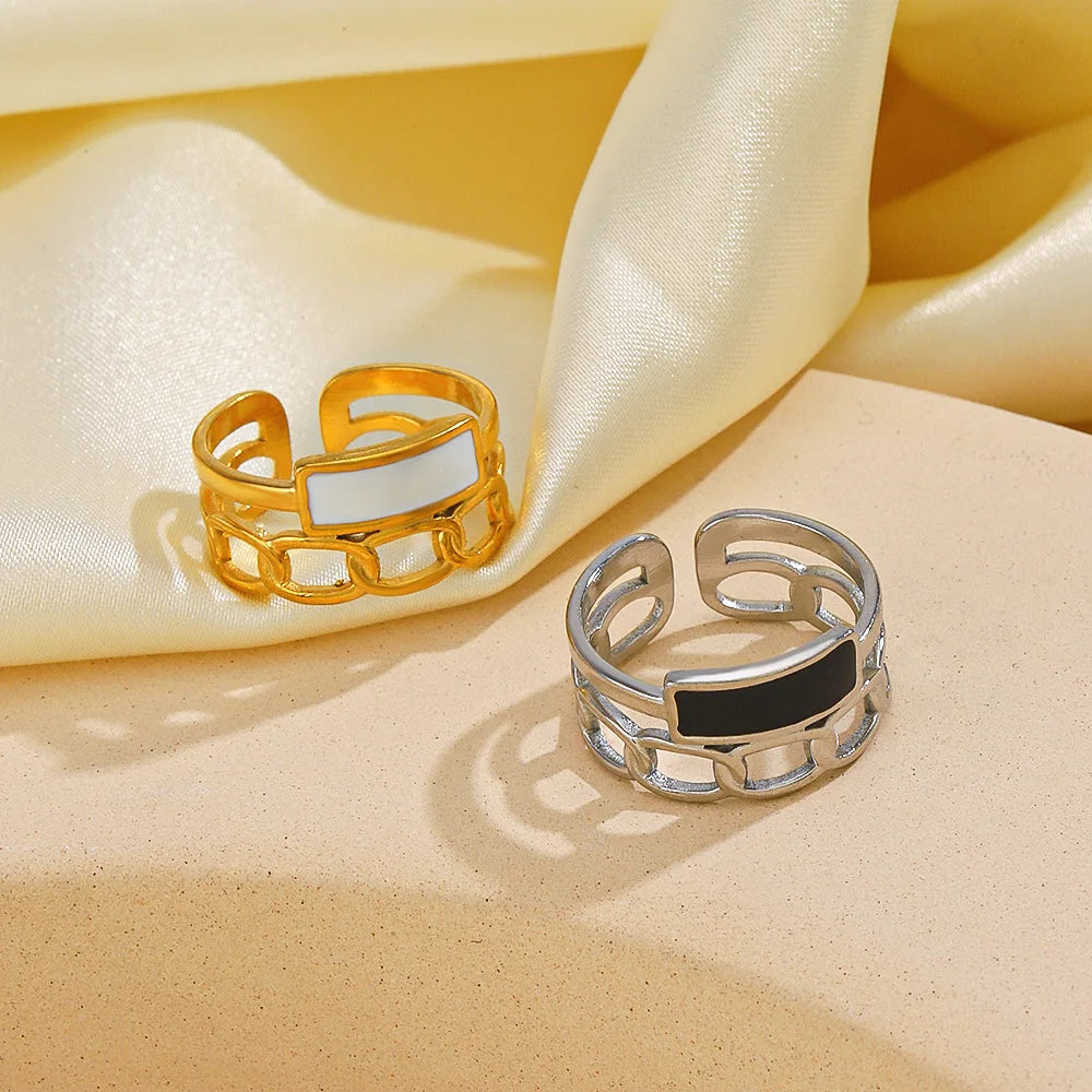 Stainless Steel Vintage White Enamel Open Rings for Women 18K Gold Plated Adjustable Finger Ring Wedding Chic Jewelry