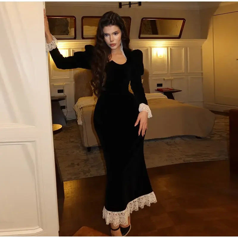 Square Collar Puff Sleeve Women Dress Patchwork Slim Pleated Lady Maxi Dresses 2026 Elegant Spring Vintage Female Vestidos