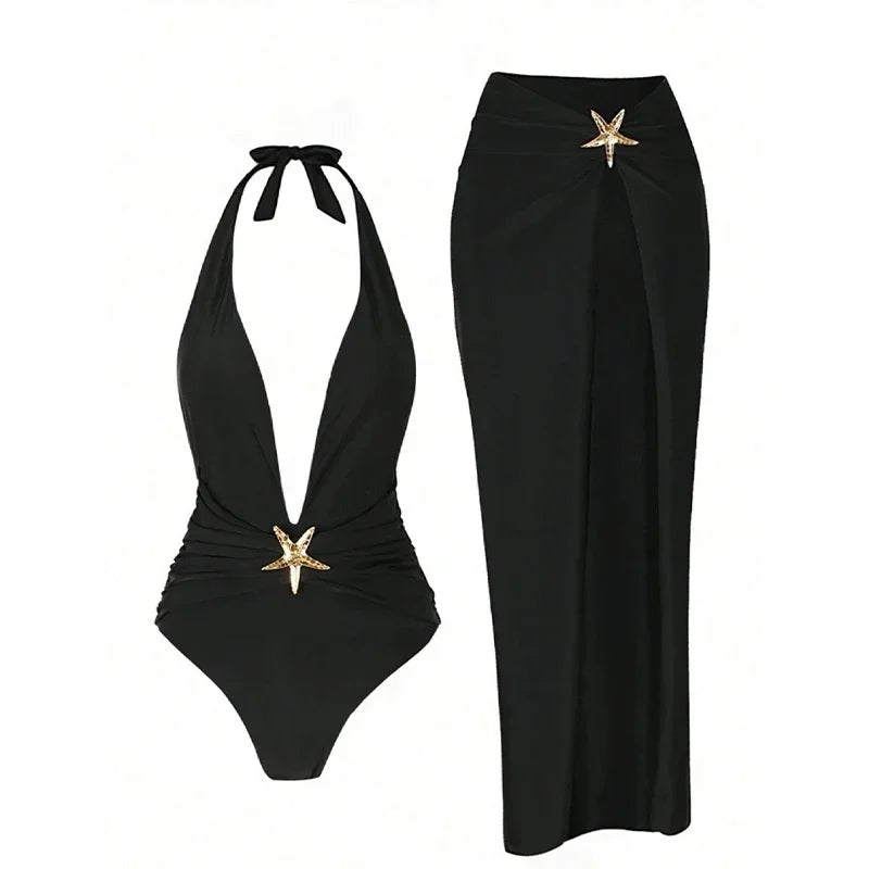 Sexy Halter Starfish Decorative Bikini Set Women 2025 Summer Solid Deep V-neck Swimsuit Side Split Skirt Lady Beach Holiday Suit