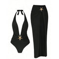 Sexy Halter Starfish Decorative Bikini Set Women 2025 Summer Solid Deep V-neck Swimsuit Side Split Skirt Lady Beach Holiday Suit