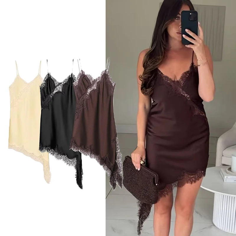 TFMLN Damen sexy Spitzen-Spleiß-Kleider Sommer einfarbig ärmelloses asymmetrisches Kleid rückenfrei schmal Damen Party Sling Minikleid
