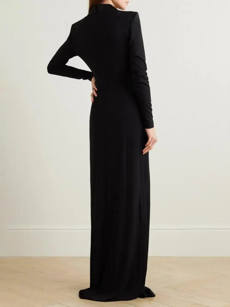 Freeacy 2024 Women's Dress Solid Black Deep V-neck Long Sleeves Floor Length Evening Dresses Ladies Slim Fit Wrap Suit Dress