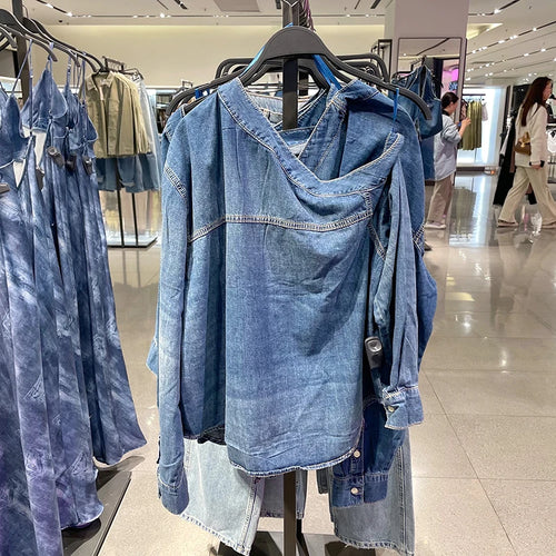 2025 Women's Denim Shirts Button Blouses Asymmetric's Shirts Tops