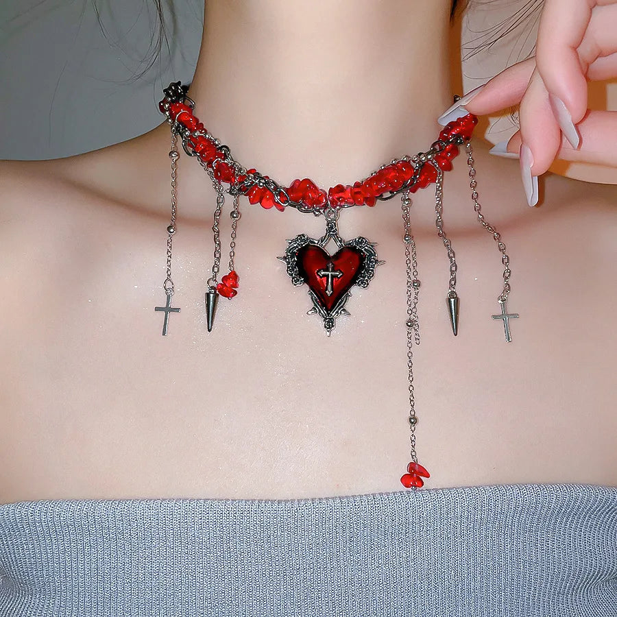 Goth Vintage Y2K Dark Red Heart Cross Pendant Irregular Stone Bead Choker Necklace Women Punk Halloween Grunge EMO Accessories