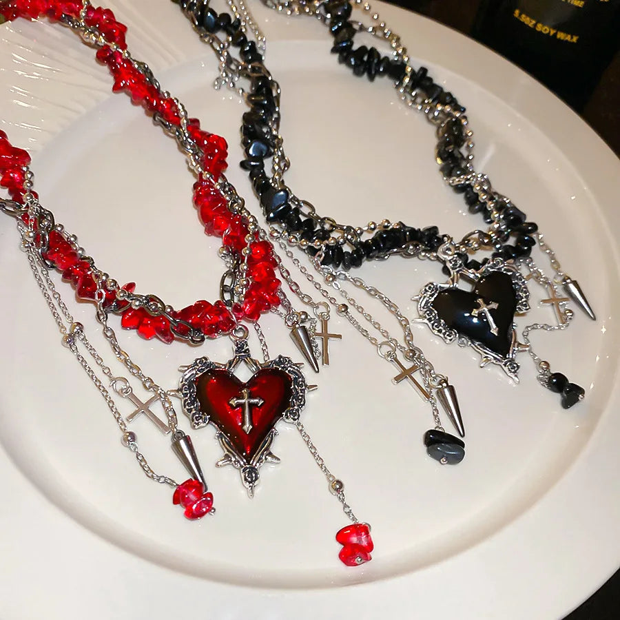 Goth Vintage Y2K Dark Red Heart Cross Pendant Irregular Stone Bead Choker Necklace Women Punk Halloween Grunge EMO Accessories