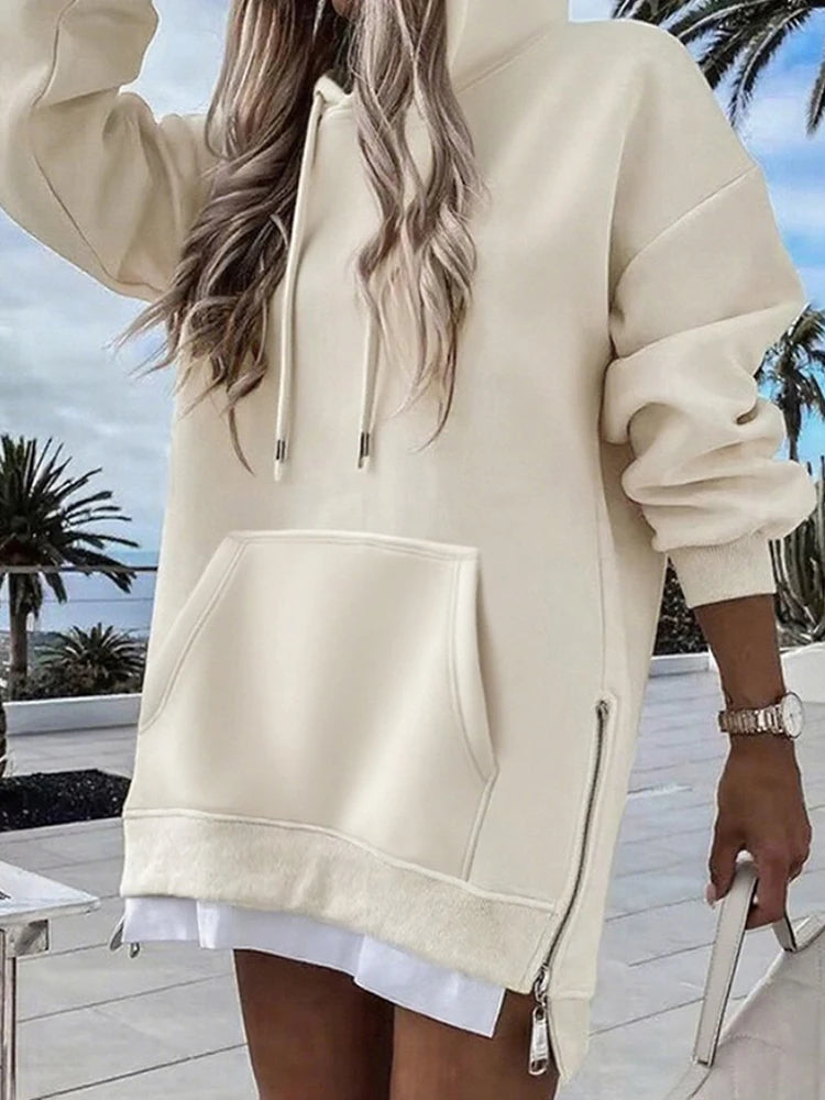 Damen Langarm Patchwork Pullover Hoodie Herbst Winter Mode Kordelzug Lockerer Reißverschluss Einfache Hoodies 2025 Top Streetwear