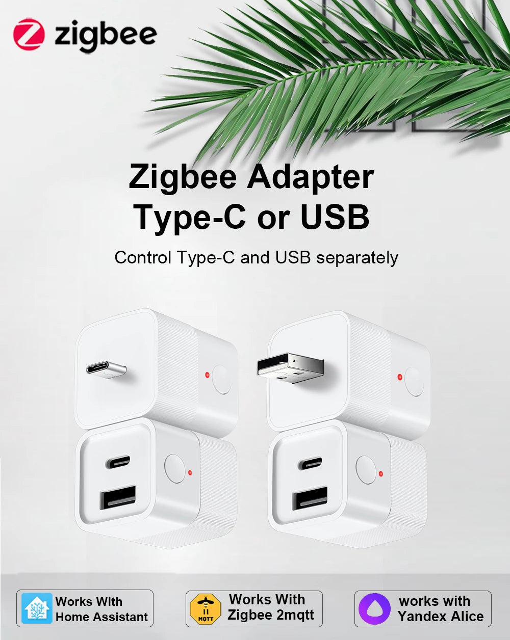 Smart USB Adapter Switch Zigbee 3.0  2 in 1 Mini USB Type-C Power Adaptor Plug Works with Home Assistant Zigbee2MQTT ZHA