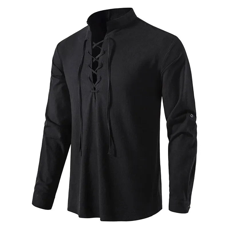 King Billion Men's Shirts Casual Men Cotton Linen Long Sleeve T-shirt Spring Autumn Vintage Shirt US Size Drawstring Neck