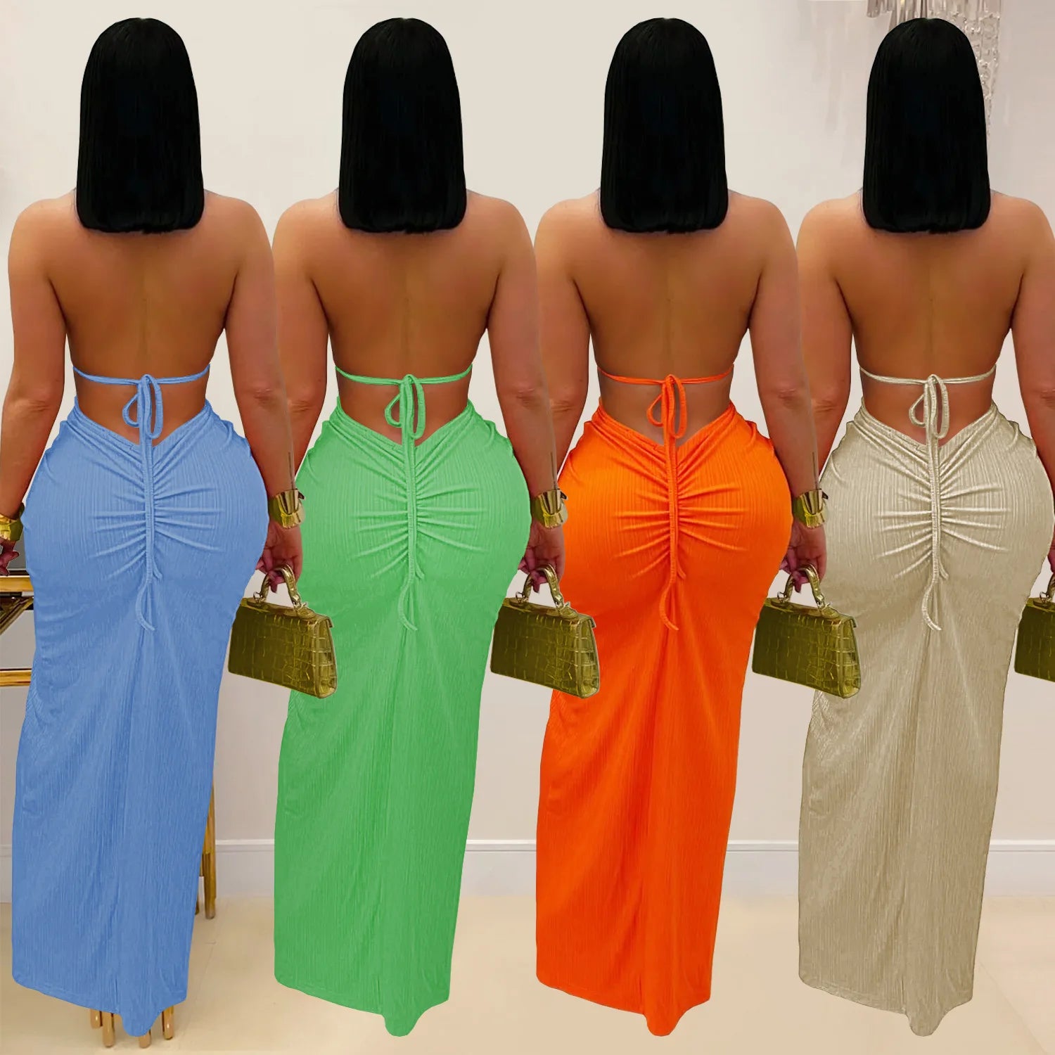 Joskaa Women Summer Knit Halter Long Dress Sexy Hollow Backless Slit Bodycon Maxi Dresses Holiday Party Club Beachwear S-XXL