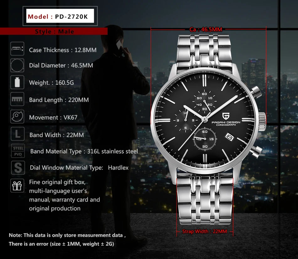 2025 New PAGANI DESIGN Business Men's Quartz Watch 46mm Brand Stainless Steel Waterproof Automatic Chronometer Relogo Masculino