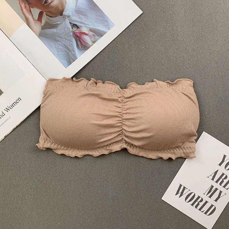 Ruffle Strapless Three Hook-and-eye Cotton Bra Crop Top Sexy Solid Women Bra Invisible Beauty Back Off Shoulder Omighty Camisole
