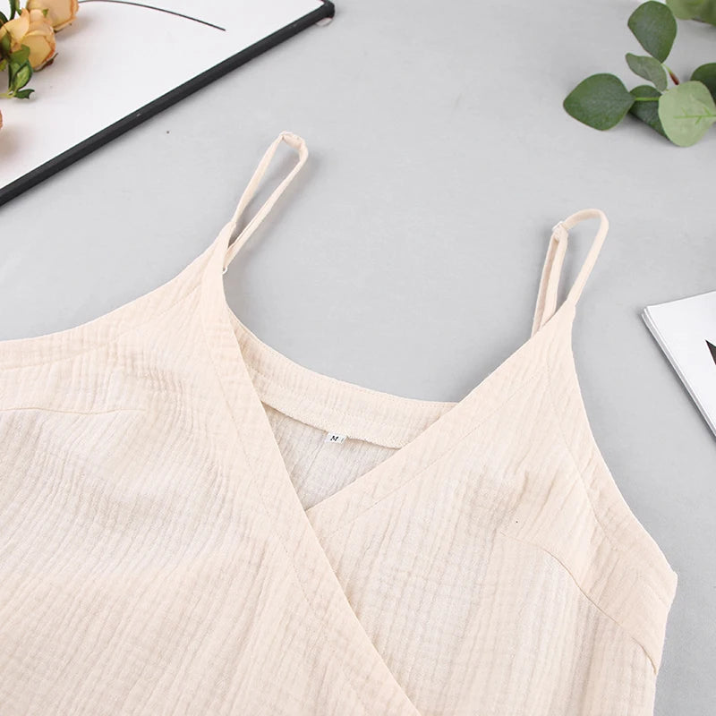 Casual 100% Cotton Gauze Muslin Women'S Dresses Summer Sexy V-Neck Suspender Nightdress Wrap Slit Holiday Beach Party Vestidos