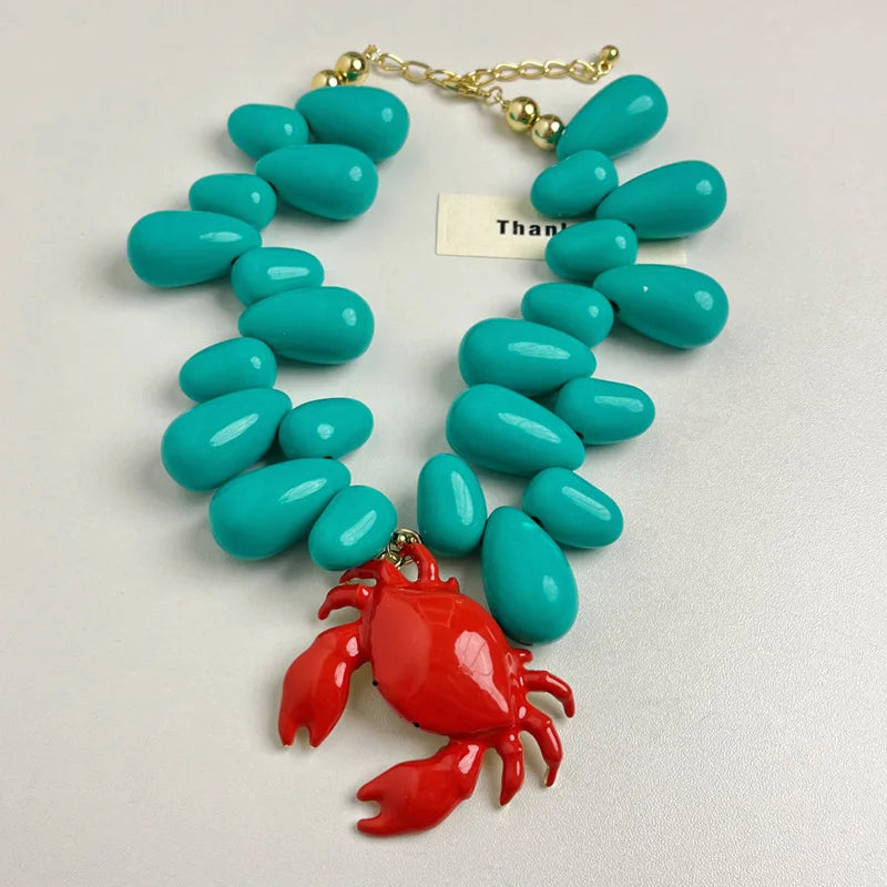 HANGZHI Exaggerated Resin Water Drop Beaded Red Crab Pendant Necklace New Design Chunky Charms Jewelry for Women