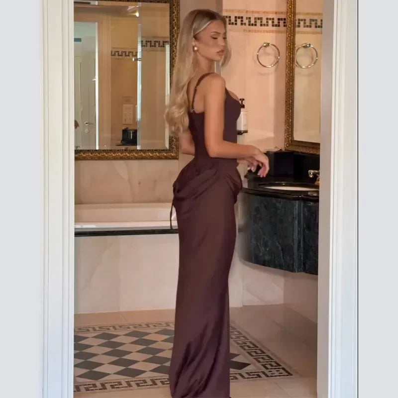 Sexy Luxury Pleated Sling Long Dress Women Elegant Solid Sleeveless Slim Fit Maxi Dresses 2026 Shinny Daily Lady Vestidos New