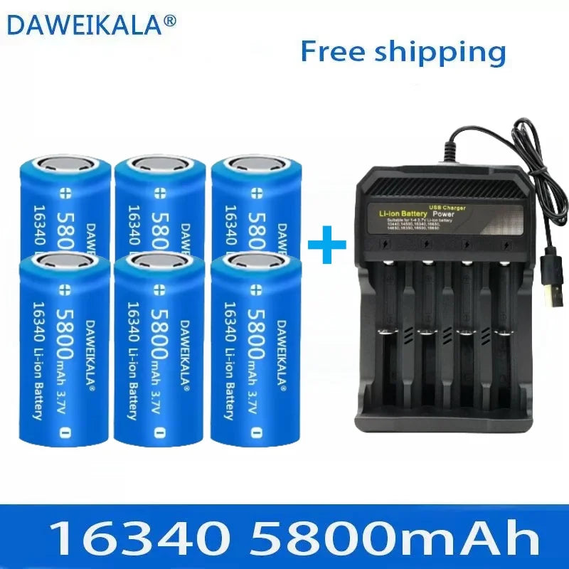 5800mAh rechargeable 3.7V Li-ion 16340 batteries CR123A battery for LED flashlight wall charger, travel for 16340 CR123A battery