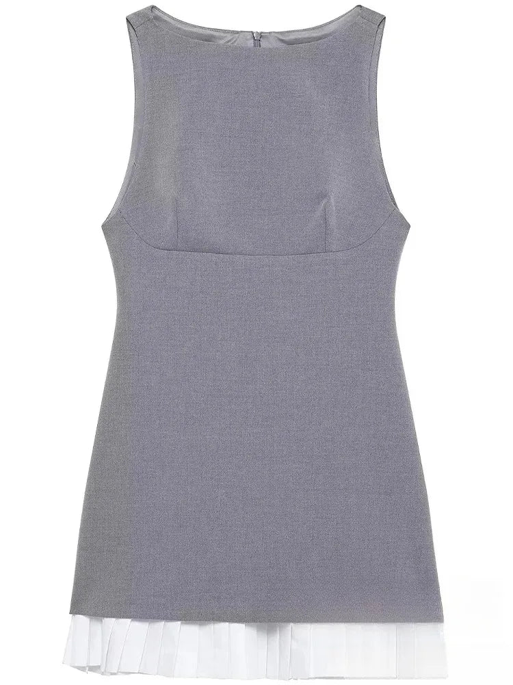 KONDALA Sleeveless O-Neck Mini Gray Dress for Women Sexy Patchwork Zipper Club Casual Fashion Spring Summer 2025 Vintage Dresses