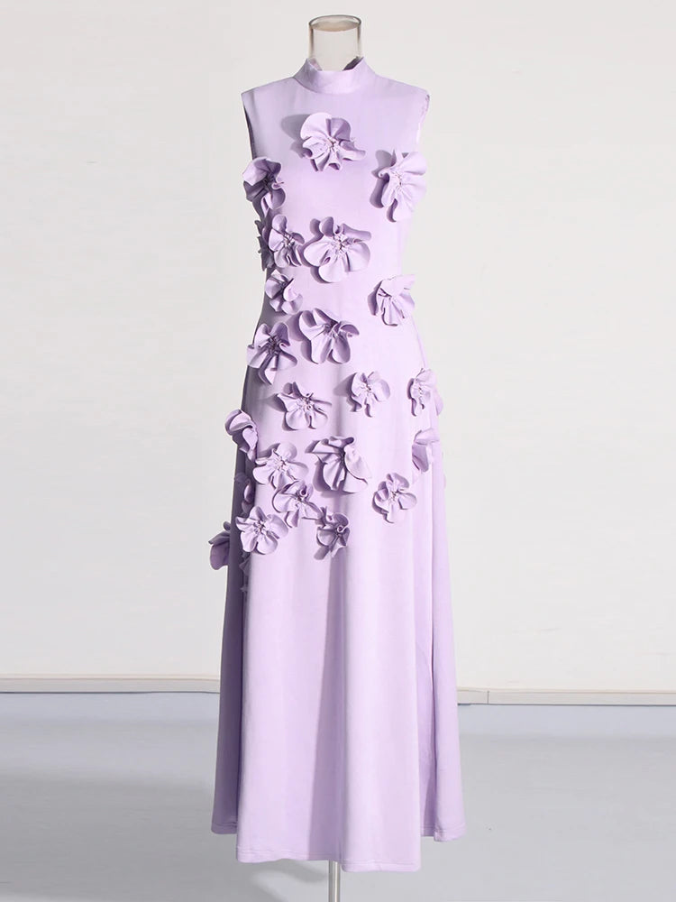 TWOTWINSTYLE Spliced Appliques Elegant Dresses For Women Stand Collar Sleeveless High Waist Patchwork Zipper Long Dress Female