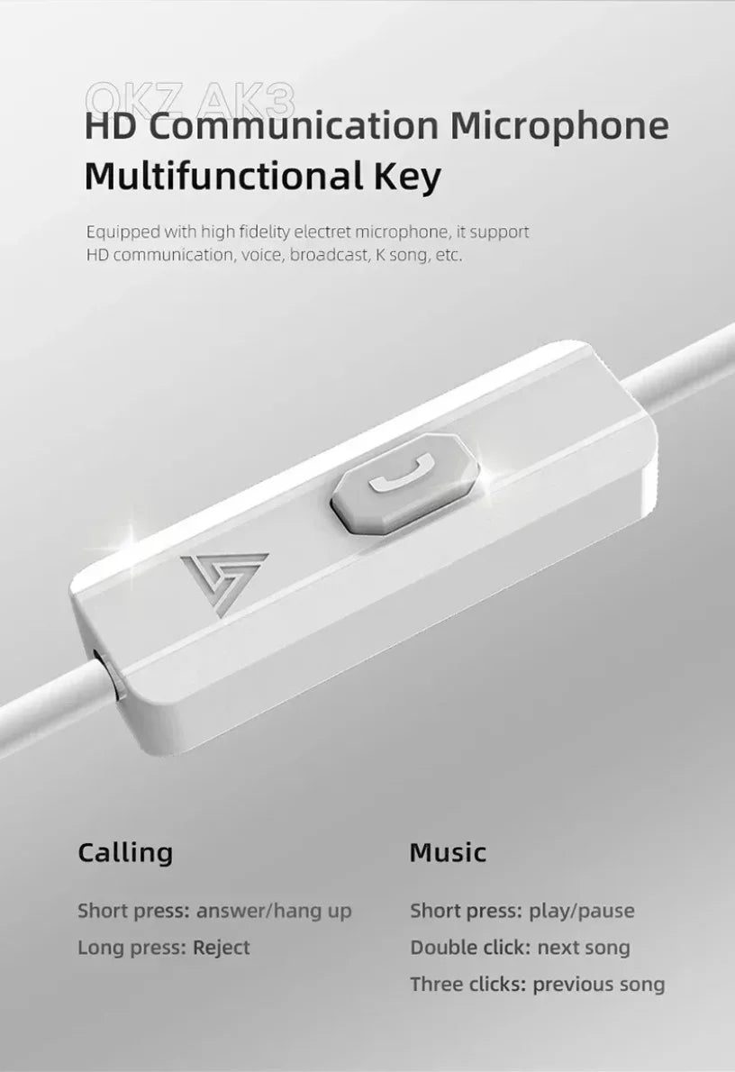 QKZ AK3 FiLe Wired Earphone with Microphone HiFi Music Monitor Bass Headphones Noise Cancelling Headset For Sport Gaming Earbuds