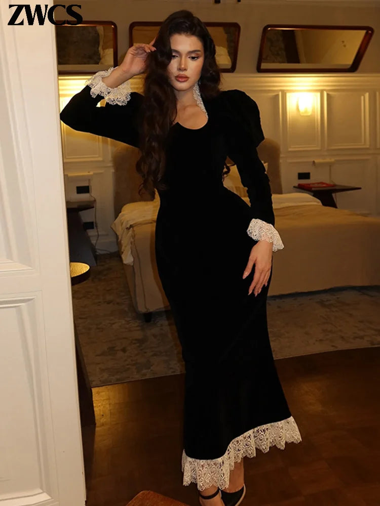 Square Collar Puff Sleeve Women Dress Patchwork Slim Pleated Lady Maxi Dresses 2026 Elegant Spring Vintage Female Vestidos