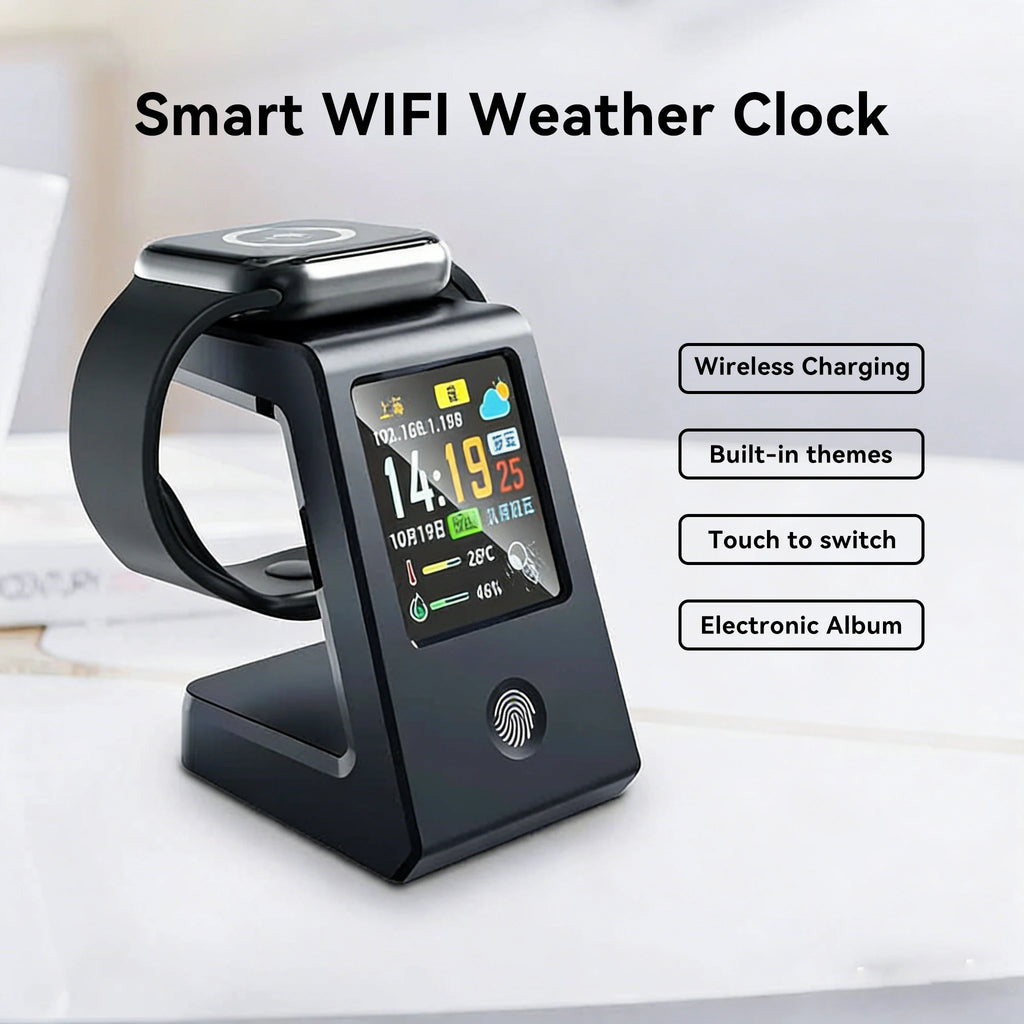 Slim WiFi-weerhorlosie, met draadlose laai vir horlosies, digitale tafelhorlosie, intydse weervertoning, raakbeheer