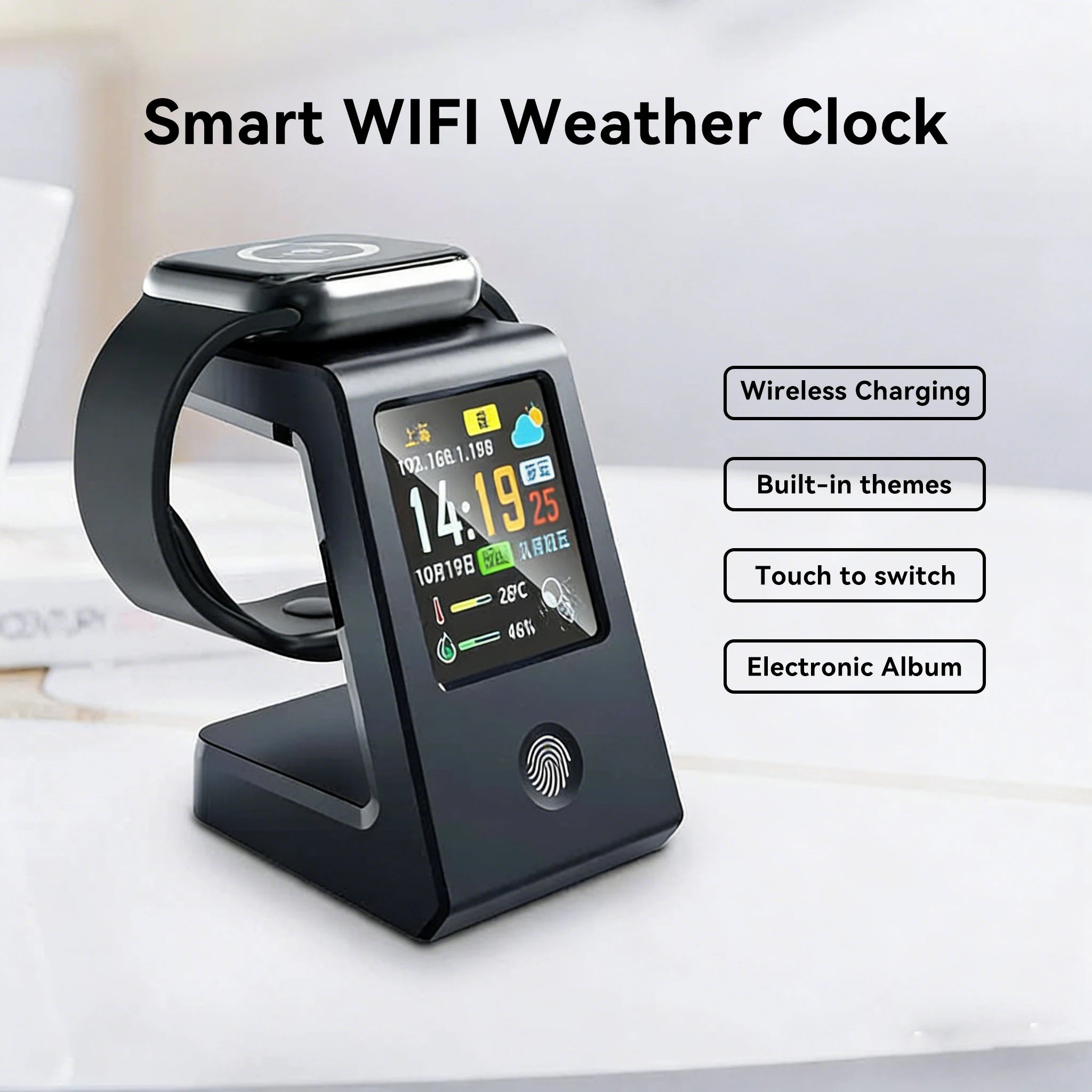 Slim WiFi-weerhorlosie, met draadlose laai vir horlosies, digitale tafelhorlosie, intydse weervertoning, raakbeheer