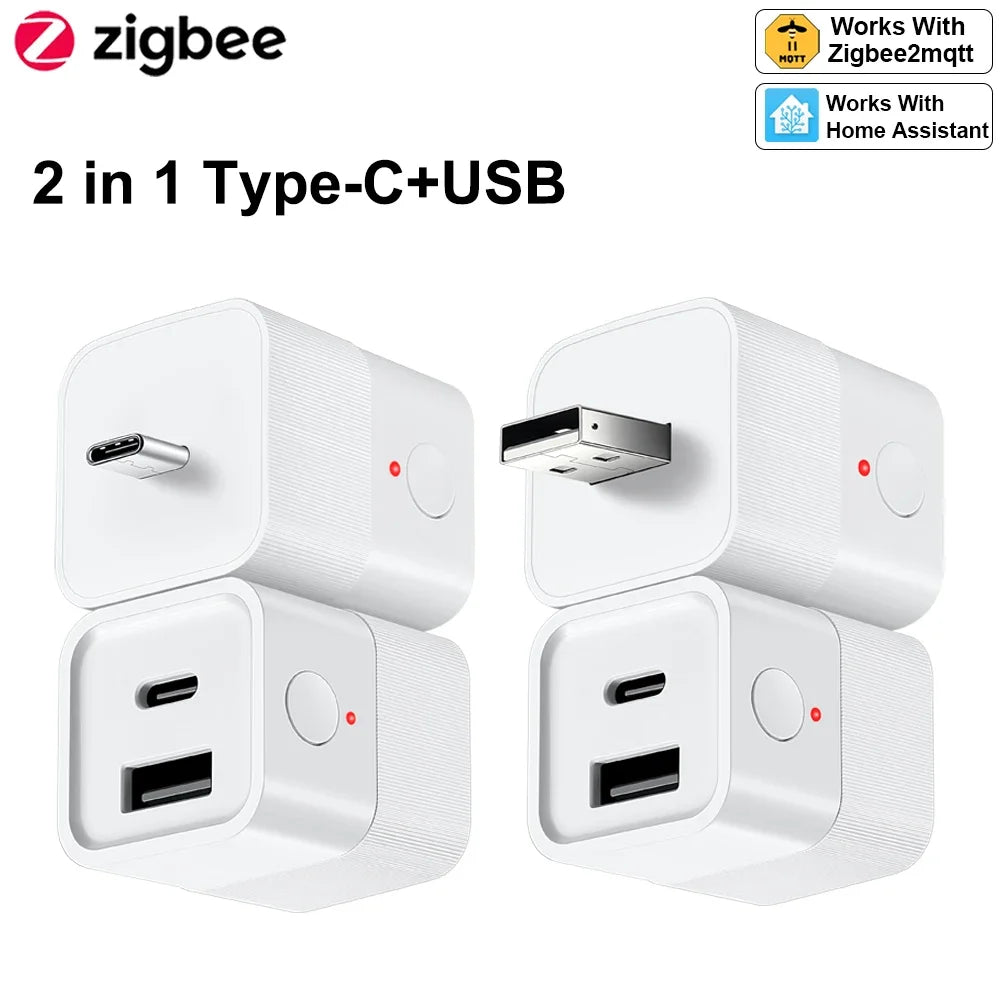 Smart USB Adapter Switch Zigbee 3.0  2 in 1 Mini USB Type-C Power Adaptor Plug Works with Home Assistant Zigbee2MQTT ZHA